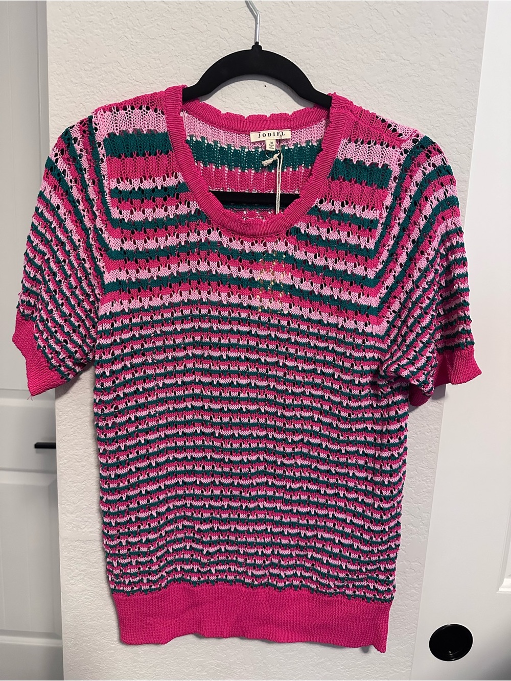 JODIFL NWT Pink Green Crochet Stripe Short Sleeve Sweater M